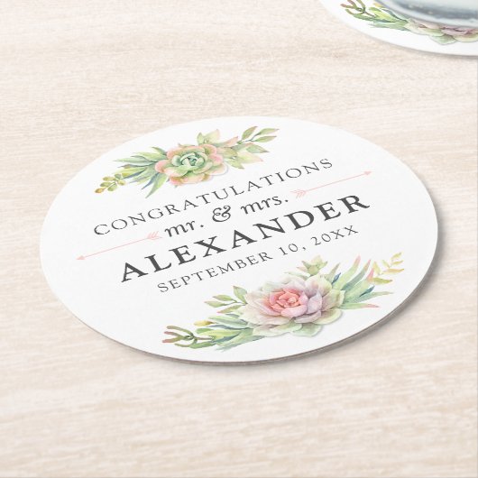 水素朴色の多肉性の砂漠のサボテン結婚ズ ラウンドペーパーコースター (アングル)