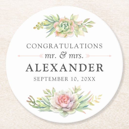 水素朴色の多肉性の砂漠のサボテン結婚ズ ラウンドペーパーコースター (正面)