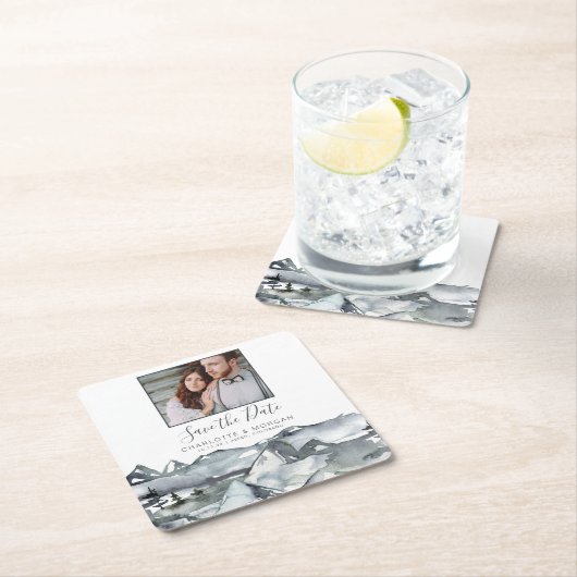 水素朴色の山の写真の日付を保存 スクエアペーパーコースター (インサイチュ)