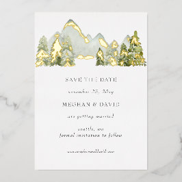 水素朴色の山の日付を保存 箔招待状