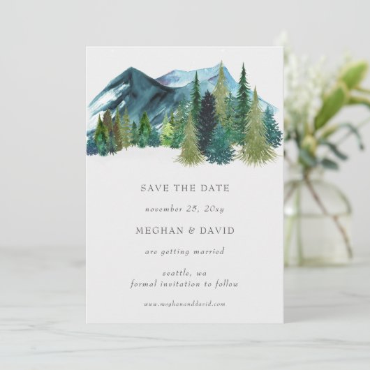 水素朴色の山の松の日付を保存 招待状 (スタンド正面)