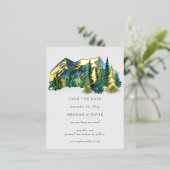 水素朴色の山の松の日付を保存 箔招待状ポストカード (立ち正面)