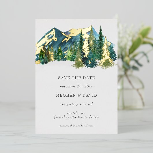 水素朴色の山の松の日付を保存 箔招待状 (立ち正面)