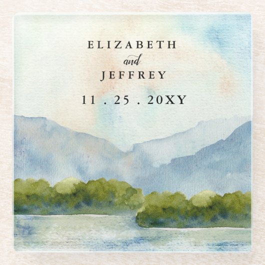 水素朴色の山の湖の冬の結婚式 ガラスコースター (正面)