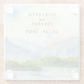 水素朴色の山の湖の冬の結婚式 ガラスコースター (裏面)