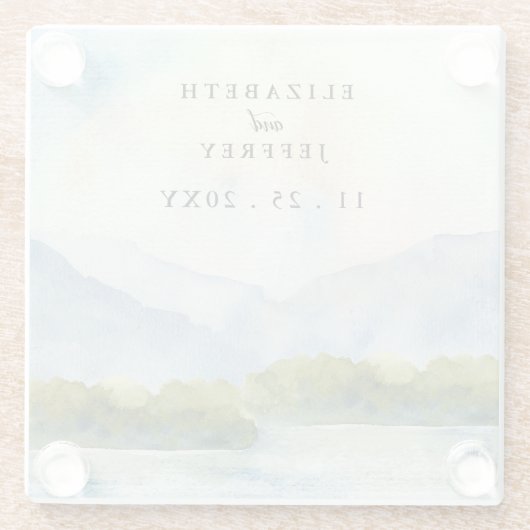 水素朴色の山の湖の冬の結婚式 ガラスコースター (裏面)