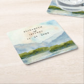 水素朴色の山の湖の冬の結婚式 スクエアペーパーコースター (アングル)