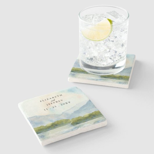 水素朴色の山の湖の冬の結婚式 ストーンコースター (横)