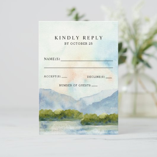 水素朴色の山の湖の冬の結婚式 出欠カード (スタンド正面)