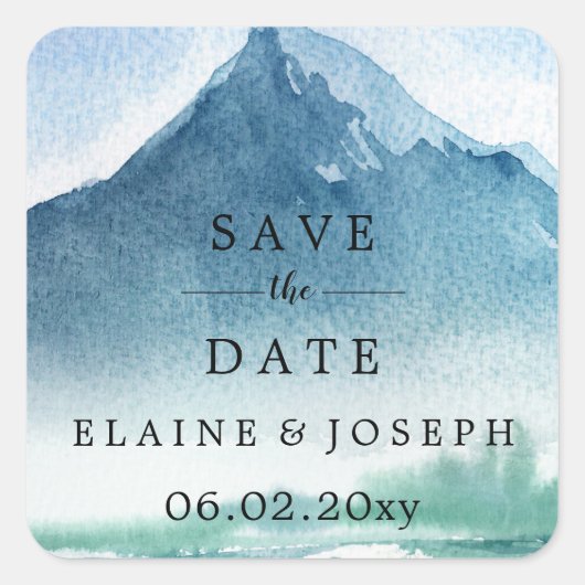水素朴色の山の湖の日付を保存 スクエアシール (正面)
