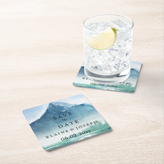 水素朴色の山の湖の日付を保存 スクエアペーパーコースター (インサイチュ)