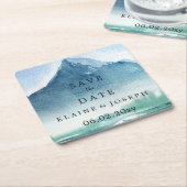 水素朴色の山の湖の日付を保存 スクエアペーパーコースター (アングル)