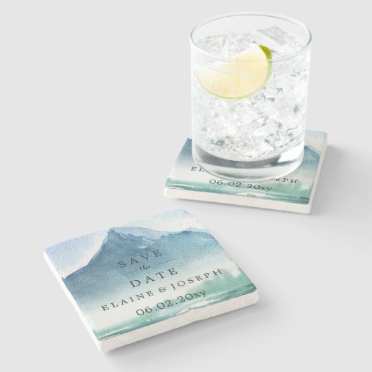 水素朴色の山の湖の日付を保存 ストーンコースター (横)