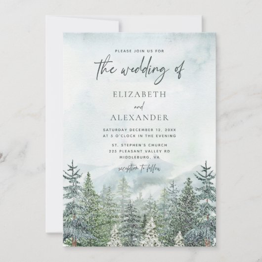水素朴色の森の松の木の冬の結婚式 招待状 (正面)