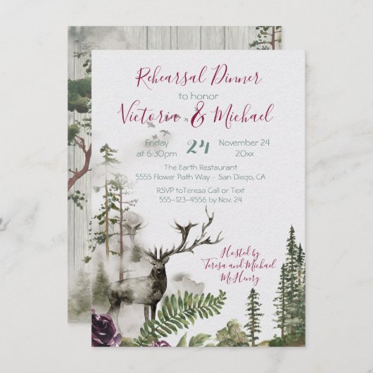 水素朴色の森の鹿リハーサルディナー 招待状 (正面/裏面)