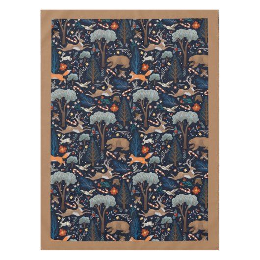 水素朴色の森林動物の木クリスマス テーブルクロス (正面)