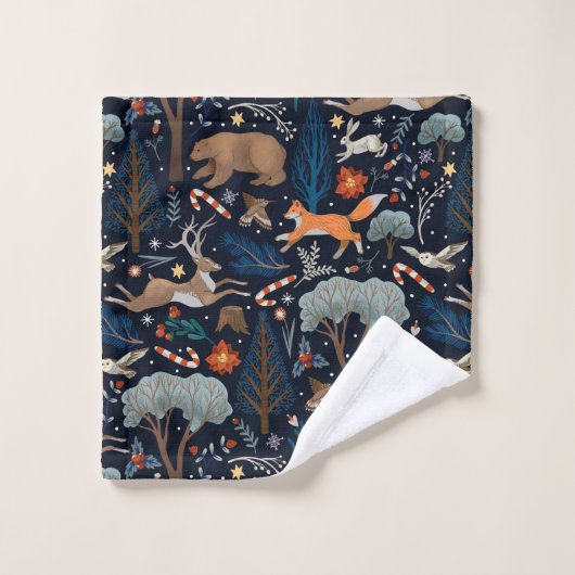 水素朴色の森林動物の木クリスマス バスタオルセット (ウォッシュタオル)