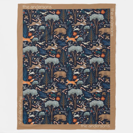 水素朴色の森林動物の木クリスマス フリースブランケット (正面)