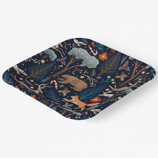 水素朴色の森林動物の木クリスマス ペーパープレート (傾斜あり)