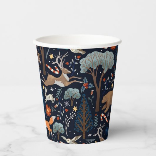 水素朴色の森林動物の木クリスマス 紙コップ (正面)