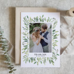 水素朴色の緑のフレームの写真結婚 サンキューカード<br><div class="desc">水素朴色の葉フレーム写真の結婚サンキューカード | この感謝していカスタマイズ可能なサンキューカードで家族や友人に送信する。さまざまな葉のイラストの水彩を特徴と離れす。この緑のサンキューカードは結婚式や卒業式などに最適だ。</div>