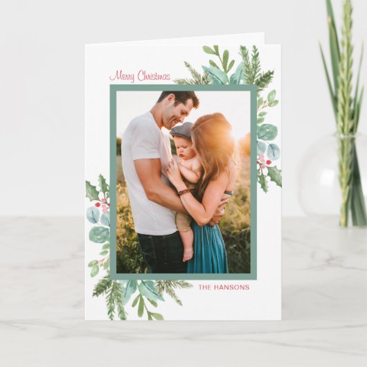 水素朴色の緑の写真メリークリスマス シーズンカード (正面)