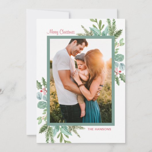 水素朴色の緑の写真メリークリスマス シーズンカード (正面)