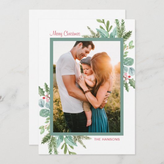 水素朴色の緑の写真メリークリスマス シーズンカード (正面/裏面)