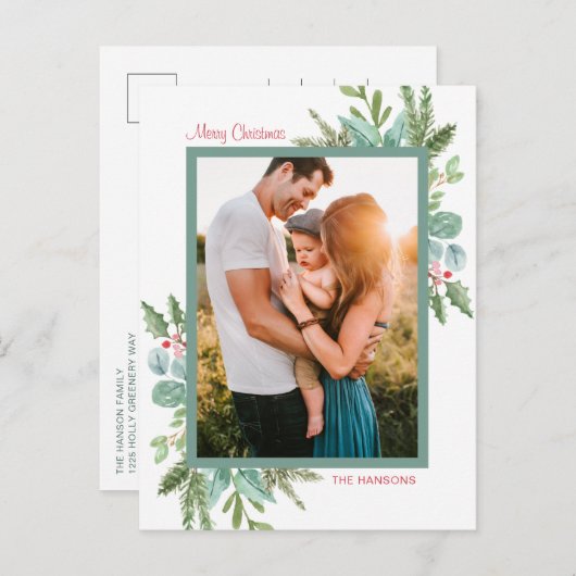 水素朴色の緑の写真メリークリスマス シーズンポストカード (正面/裏面)