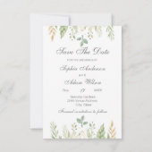 水素朴色の緑の日付カードを保存 セーブザデート (裏面)