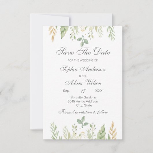 水素朴色の緑の日付カードを保存 セーブザデート (裏面)