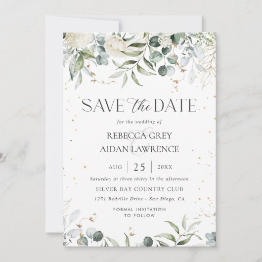 水素朴色の緑の結婚式の日付を保存 招待状 (正面)