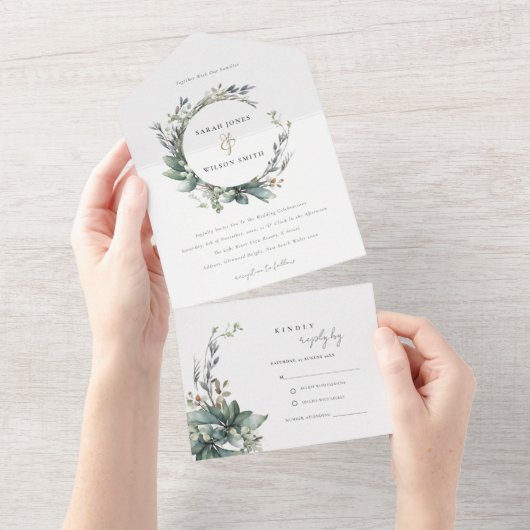 水素朴色の緑の葉のリース結婚 オールインワン招待状 (貼ってはがせる)
