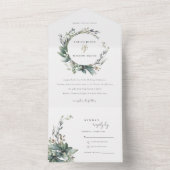 水素朴色の緑の葉のリース結婚 オールインワン招待状 (内側)