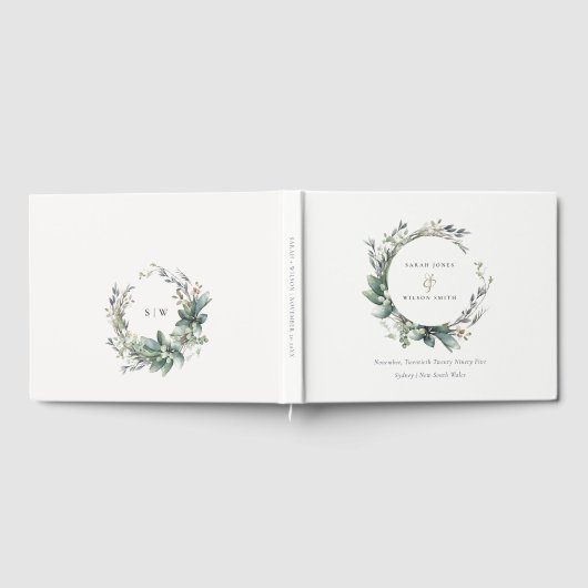 水素朴色の緑の葉のリース結婚 ゲストブック (全面)