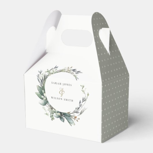 水素朴色の緑の葉のリース結婚 フェイバーボックス (正面サイド)
