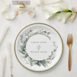 水素朴色の緑の葉のリース結婚 ペーパープレート