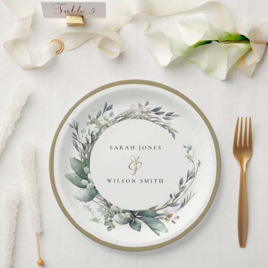 水素朴色の緑の葉のリース結婚 ペーパープレート (ウェディング)