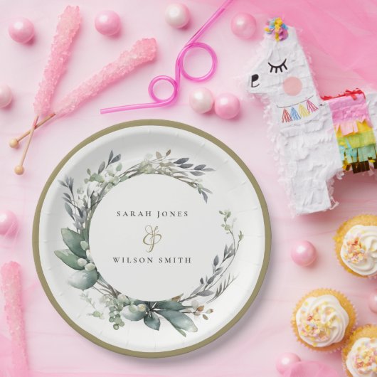 水素朴色の緑の葉のリース結婚 ペーパープレート (パーティー)