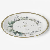 水素朴色の緑の葉のリース結婚 ペーパープレート (アングル)