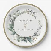 水素朴色の緑の葉のリース結婚 ペーパープレート (正面)