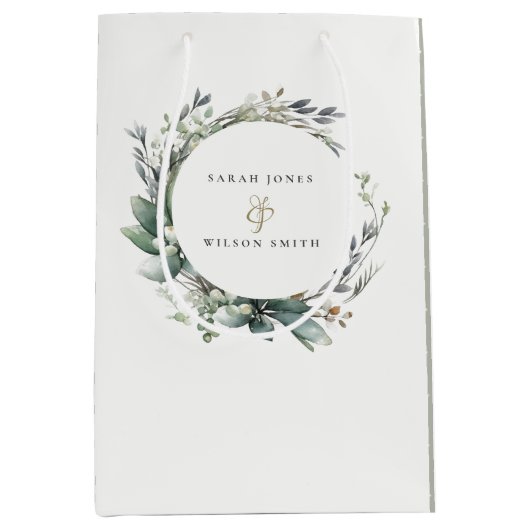 水素朴色の緑の葉のリース結婚 ミディアムペーパーバッグ (正面)