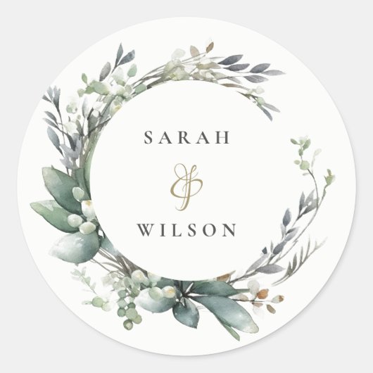 水素朴色の緑の葉のリース結婚 ラウンドシール (正面)