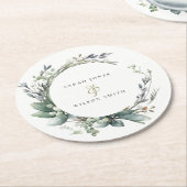 水素朴色の緑の葉のリース結婚 ラウンドペーパーコースター (アングル)