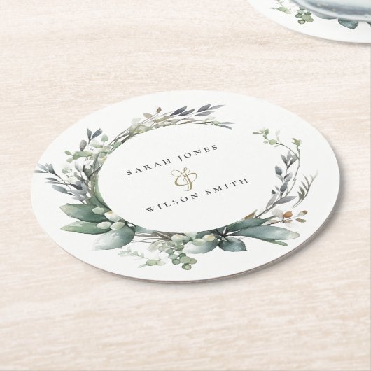 水素朴色の緑の葉のリース結婚 ラウンドペーパーコースター (アングル)