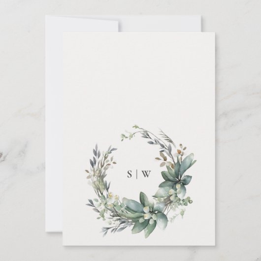 水素朴色の緑の葉のリース結婚 招待状 (裏面)