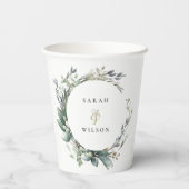 水素朴色の緑の葉のリース結婚 紙コップ (裏面)