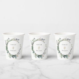 水素朴色の緑の葉のリース結婚 紙コップ