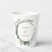 水素朴色の緑の葉のリース結婚 紙コップ (正面)