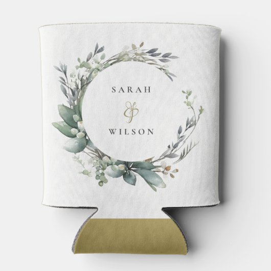 水素朴色の緑の葉のリース結婚 缶クーラー (裏面)